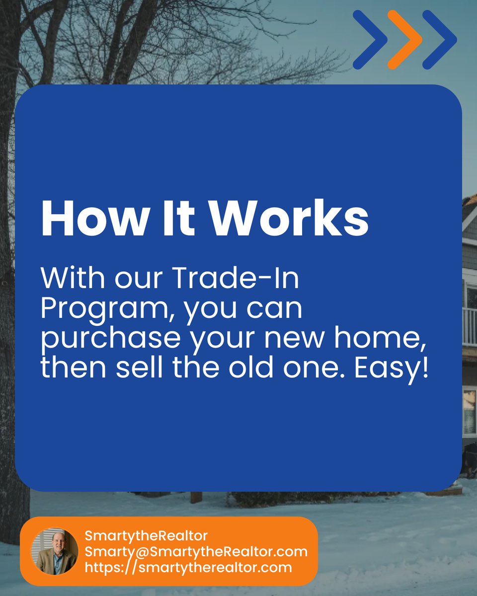SmartyRealtor's tweet photo. Why stress over selling your home before buying your next? 🏠 Skip the chaos! Our Trade-In Program allows you to buy first, sell later, and pocket the extra cash if your old home sells for more. Ready to move with no strings attached? Drop a comment below! #RealEstateFreedom https://t.co/JEDnQStdgd