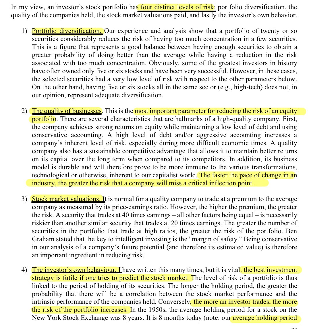 Invesquotes's tweet photo. François Rochon talks about 4 levels of risk in his latest annual letter:

1/ Diversification
2/ Quality
3/ Valuation
4/ Behaviour

He believes #2 is the most important of all and I’d say #4 is typically overlooked https://t.co/IWn7L9AWnH