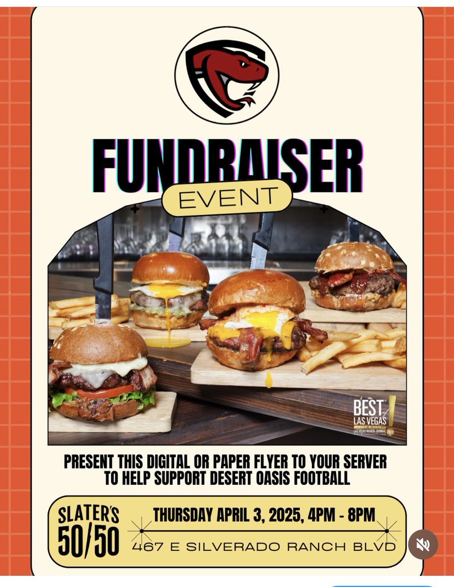 Desert Oasis HS Football (@dohs_football) on Twitter photo Come out to <a href="/Slaters5050LV/">Slater's 50/50 Vegas</a> for one of the best burgers in <a href="/Vegas/">Las Vegas</a> and support the <a href="/DOHS_Football/">Desert Oasis HS Football</a> team in the process! Thursday April 3rd 4-8pm! <a href="/Coach_Rosdahl/">Coach Rosdahl</a> <a href="/DOHSAthletics/">DOHS Athletics</a> #WeAreDO #Bacon #Burgers #BestofLV #Fundraiser #DO #SouthernHighlands #Diamondbacks #LasVegas #DOHS Come out to <a href="/Slaters5050LV/">Slater's 50/50 Vegas</a> for one of the best burgers in <a href="/Vegas/">Las Vegas</a> and support the <a href="/DOHS_Football/">Desert Oasis HS Football</a> team in the process! Thursday April 3rd 4-8pm! <a href="/Coach_Rosdahl/">Coach Rosdahl</a> <a href="/DOHSAthletics/">DOHS Athletics</a> #WeAreDO #Bacon #Burgers #BestofLV #Fundraiser #DO #SouthernHighlands #Diamondbacks #LasVegas #DOHS