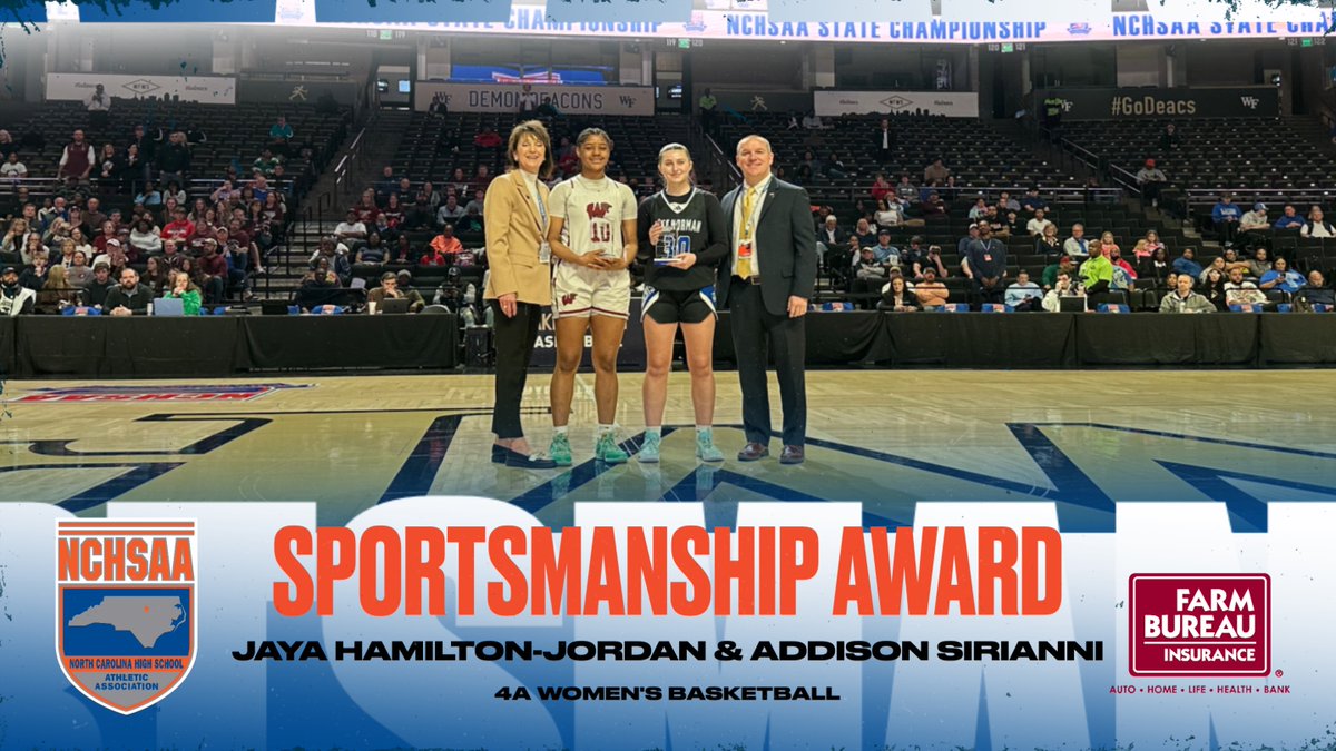 NCHSAA (@nchsaa) on Twitter photo Congratulations to the <a href="/NCFarmBureau/">NC Farm Bureau Federation</a> Sportsmanship Award Winners!
🏆 Jaya Hamilton-Jordan <a href="/WolverinesWHS/">Wakefield HS Athletics</a>
🏆 Addison Sirianna <a href="/LNHSGBB/">Lake Norman Girl's Basketball</a>
#NCHSAAWBB 🏆 Congratulations to the <a href="/NCFarmBureau/">NC Farm Bureau Federation</a> Sportsmanship Award Winners!
🏆 Jaya Hamilton-Jordan <a href="/WolverinesWHS/">Wakefield HS Athletics</a>
🏆 Addison Sirianna <a href="/LNHSGBB/">Lake Norman Girl's Basketball</a>
#NCHSAAWBB 🏆