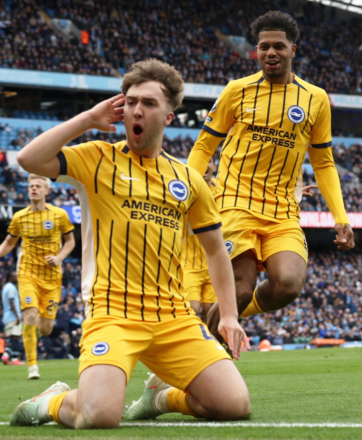 Jack celebrating on his knees in front of the away end. Get in there!