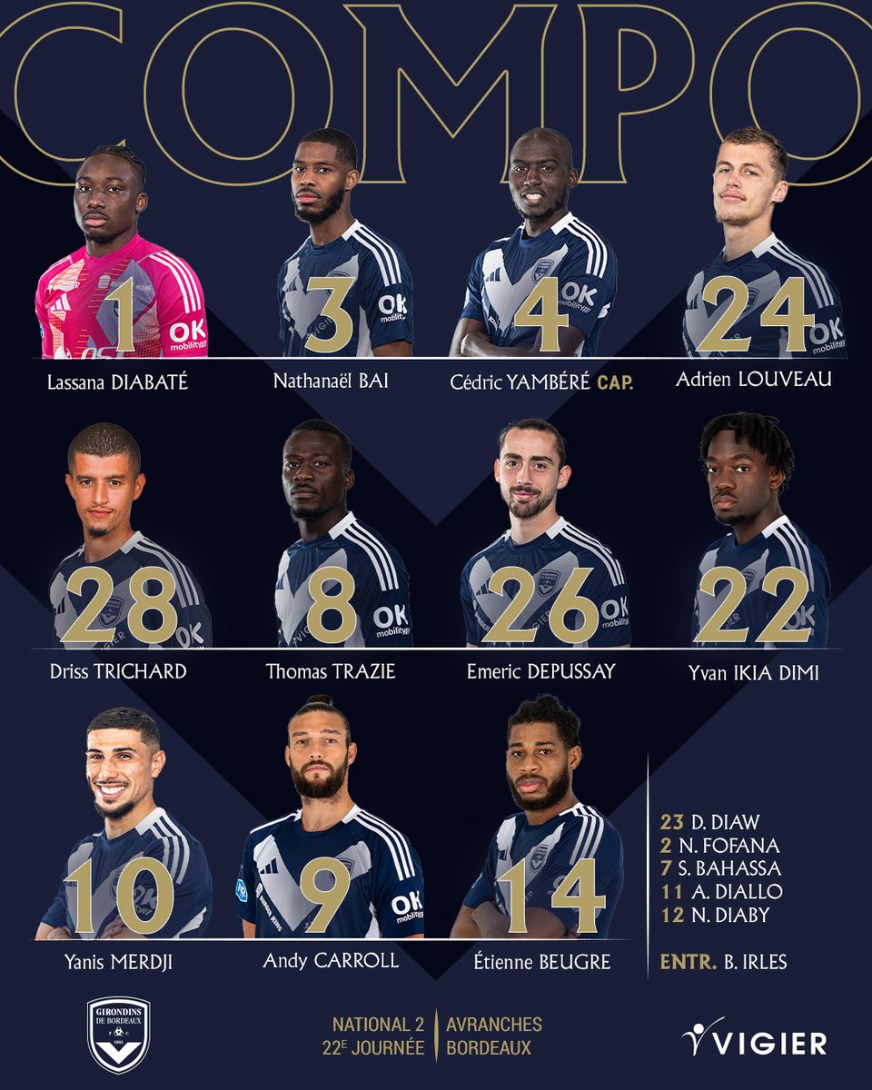 girondins's tweet photo. 𝑳𝒂 𝒄𝒐𝒎𝒑𝒐 📋
Notre équipe de départ pour affronter @USAvrMSM_Off ⚔️
#USAFCGB #AllezBordeaux https://t.co/cnbtw1NpDC