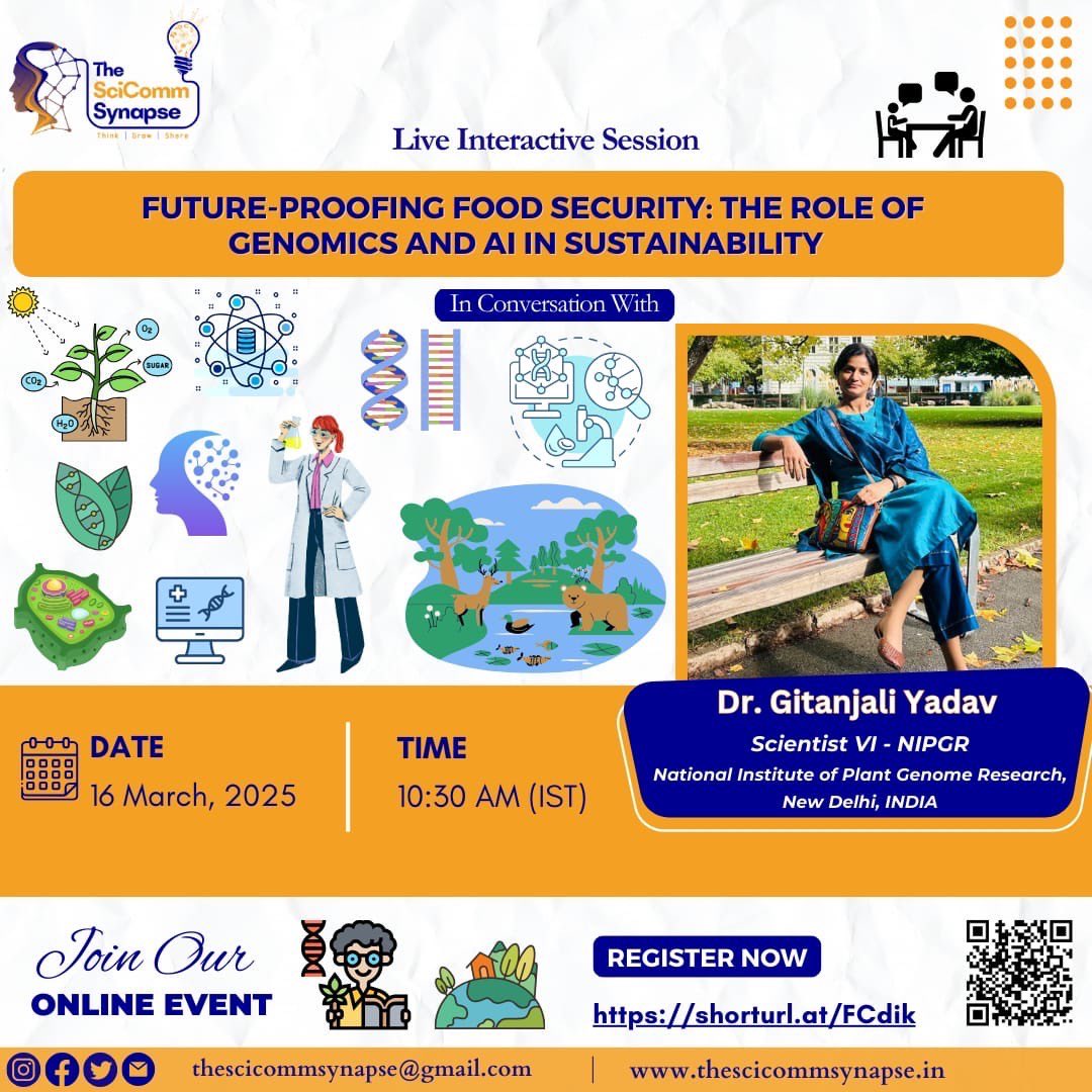 Gitanjali Yadav (@gilienv) on Twitter photo Join us Tomorrow,
A conversation with <a href="/SciComm_India/">SciCommIndia 🇮🇳</a> Synapse!
AI and food security :)
<a href="/NIPGRsocial/">BRIC-NIPGR</a> <a href="/DBTIndia/">Department of Biotechnology</a> <a href="/driiv_delhi/">DRIIV : Delhi S&T Cluster</a> <a href="/PrinSciAdvGoI/">Principal Scientific Adviser, Govt. of India</a> <a href="/semanticClimate/">#semanticClimate</a> <a href="/TIGR2ESS/">TIGR2ESS</a> Join us Tomorrow,
A conversation with <a href="/SciComm_India/">SciCommIndia 🇮🇳</a> Synapse!
AI and food security :)
<a href="/NIPGRsocial/">BRIC-NIPGR</a> <a href="/DBTIndia/">Department of Biotechnology</a> <a href="/driiv_delhi/">DRIIV : Delhi S&T Cluster</a> <a href="/PrinSciAdvGoI/">Principal Scientific Adviser, Govt. of India</a> <a href="/semanticClimate/">#semanticClimate</a> <a href="/TIGR2ESS/">TIGR2ESS</a>