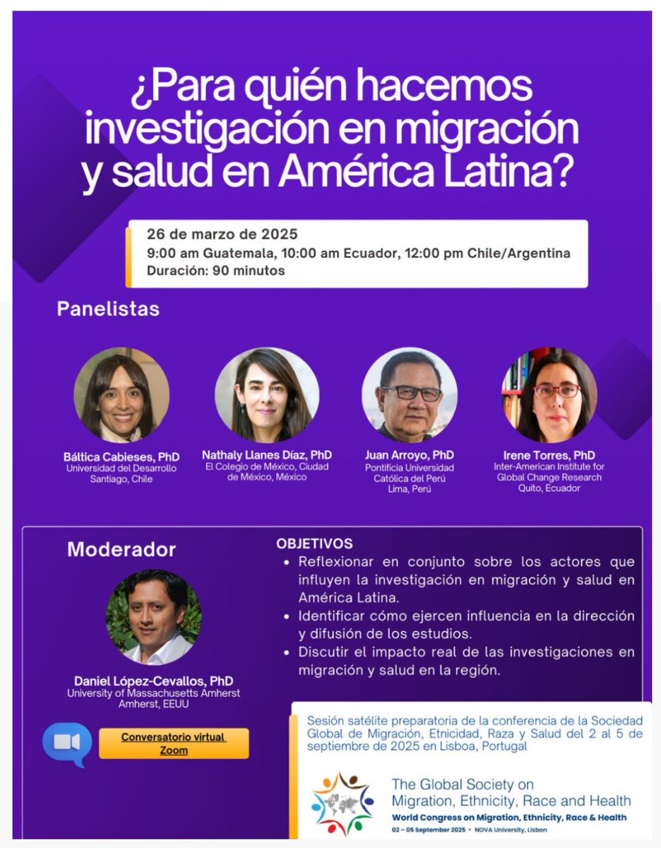 📣 Nuevo conversatorio: ¿Para quién hacemos investigación en migración y salud en América Latina?

📅: 26 de marzo
🕚: 9am (Guatemala); 10am (Ecuador); 12pm (Chile/Argentina)

🔗 Más información e inscripción: umass.edu/globalhealth/e…
