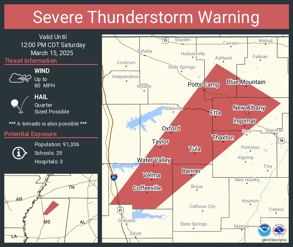 NWSMemphis's tweet photo. Severe Thunderstorm Warning including Oxford MS, New Albany MS and  Water Valley MS until 12:00 PM CDT https://t.co/YvvUA4RMxJ