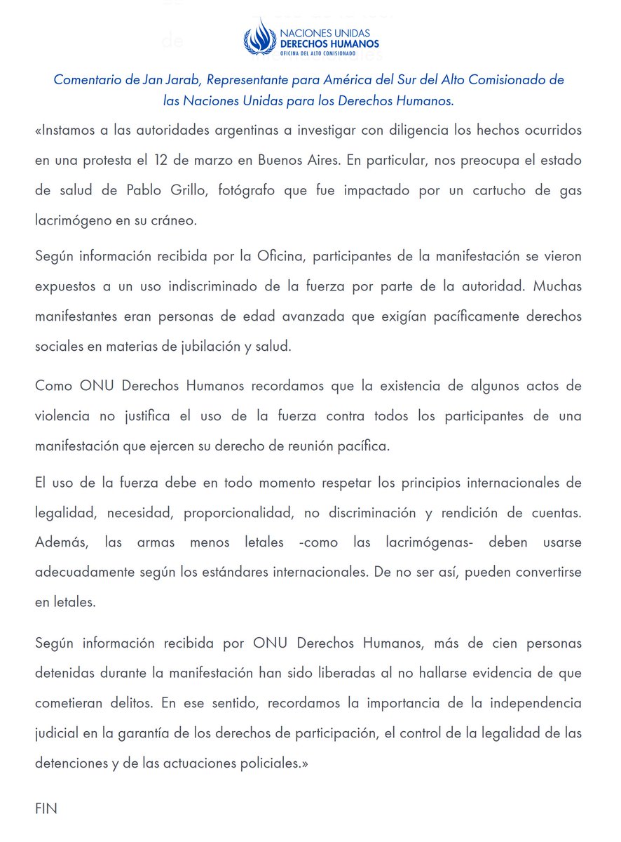 "La ONU":
Por el comunicado de ONU Derechos Humanos sobre la protesta en el Congreso