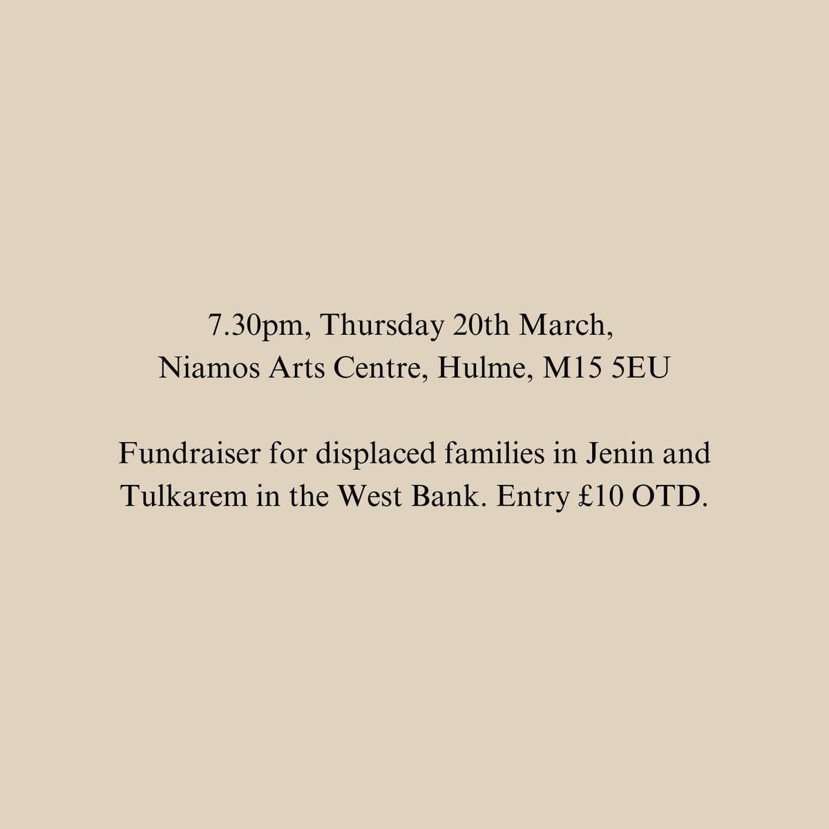 This Thursday at the Nia, Hulme, Dirar Kalash, a Palestinian free jazz musician will perform. The concert will raise funds for displaced families in Jenin &amp; Tulkarem.