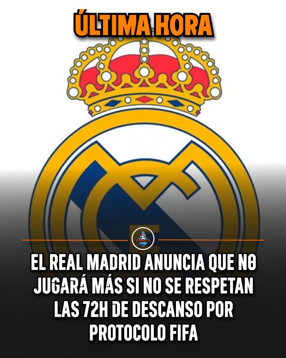 🚨ÚLTIMA HORA | El Real Madrid anuncia que NO JUGARÁ más si NO se RESPETA el protocolo FIFA de descanso.

ℹ️Dicho protocolo establece un MÍNIMO de 72 horas entre partidos.