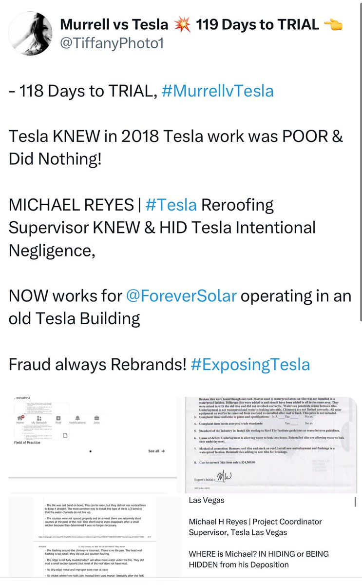 TiffanyPhoto1's tweet photo. - 118 Days to TRIAL, #MurrellvTesla

#MurrellvTesla #ExposingTesla #BetTheRoofLeaks #MayeMusk #IncelsForElon #TeslaRoofing #Tesla #TeslaPoorWork https://t.co/VlnUFDJiNw