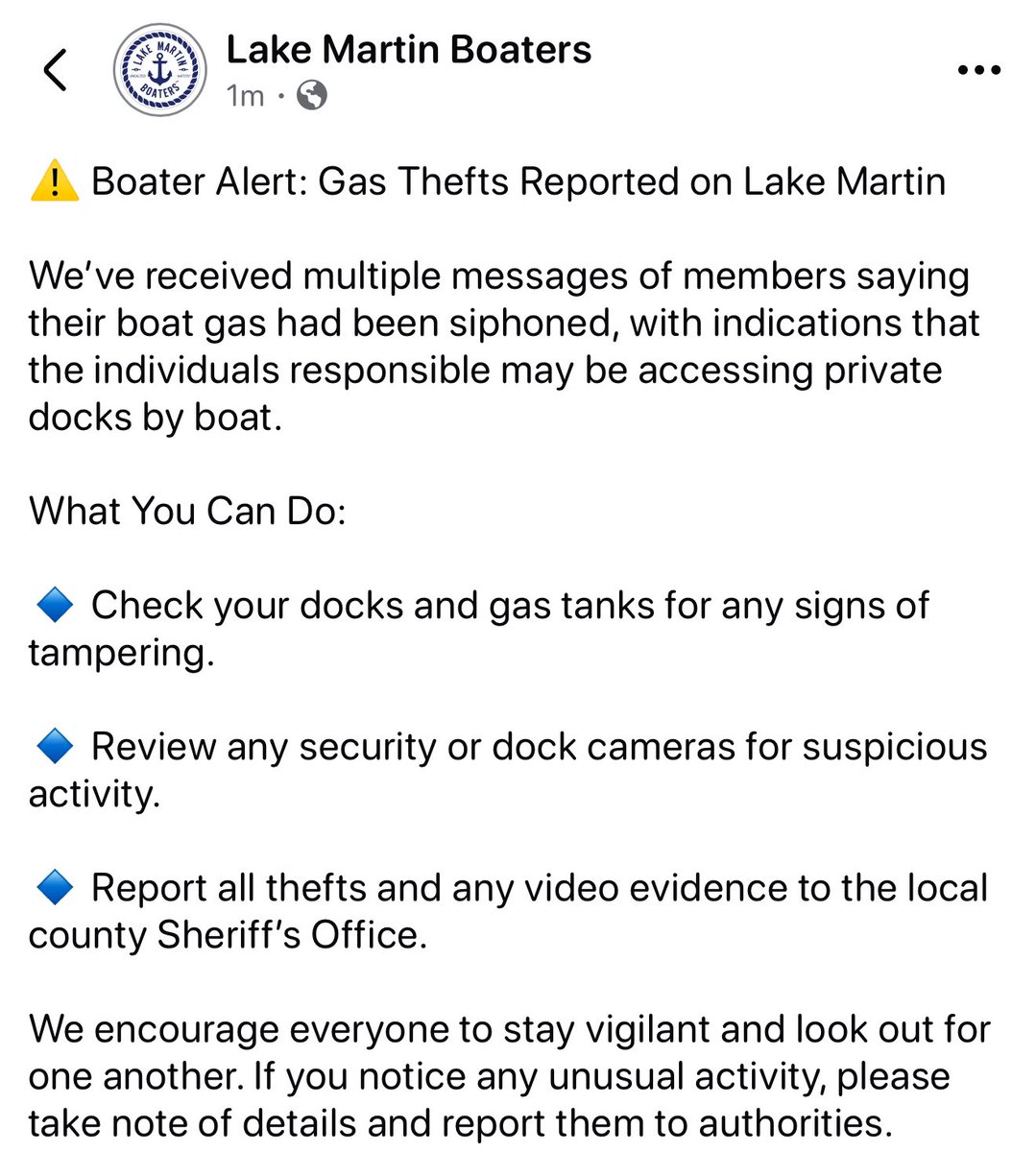 BoatLakeMartin's tweet photo. ⚠️GAS THEFTS ON LAKE MARTIN https://t.co/eQGRqV1vuy