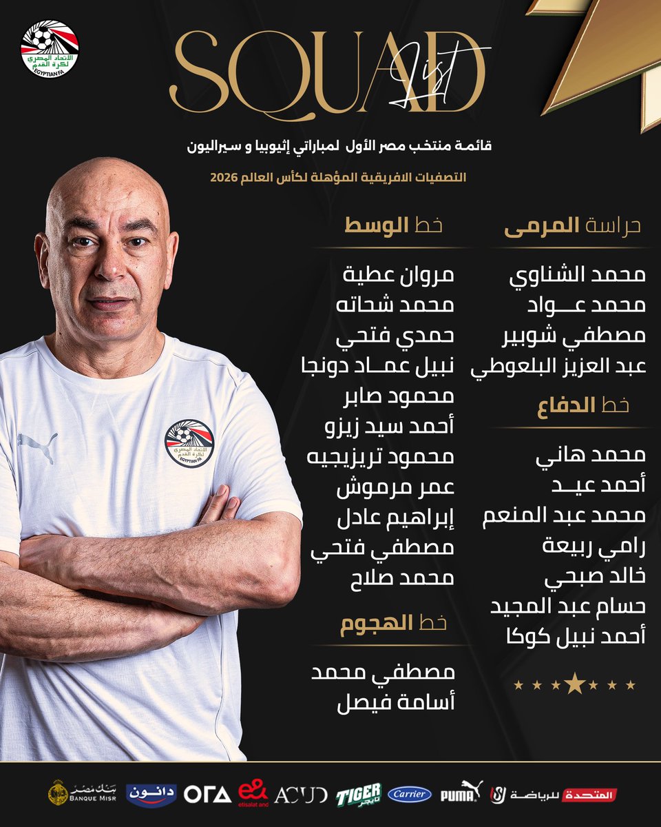 EFA's tweet photo. 🔴📋 | ٢٤  لاعبا في قائمة منتخب مصر استعدادا لمباراتي إثيوبيا وسيراليون في تصفيات كأس العالم  🇪🇬

أعلن الجهاز الفني لمنتخب مصر الأول لكرة القدم بقيادة الكابتن حسام حسن عن قائمة تضم ٢٤  لاعبا استعدادا لمعسكر مارس المقرر انطلاقه غدا ١٦ مارس لخوض مباراتي إثيوبيا و سيراليون المقرر لهما يومي ٢١ و ٢٥ مارس الجاري في الجولة الخامسة و السادسة من التصفيات المؤهلة لنهائيات كأس العالم ٢٠٢٦ وجاءت كالتالي :
محمد الشناوي 
محمد عواد 
مصطفي شوبير 
عبد العزيز البلعوطي 
محمد هاني 
أحمد عيد 
محمد عبد المنعم 
رامي ربيعه 
خالد صبحي 
حسام عبد المجيد 
احمد نبيل كوكا 
مروان عطية 
محمد شحاته 
حمدي فتحي 
نبيل دونجا 
محمود صابر 
احمد سيد زيزو 
محمود حسن تريزيجيه 
عمر مرموش 
إبراهيم عادل 
محمد صلاح 
مصطفي فتحي 
مصطفي محمد 
أسامه فيصل