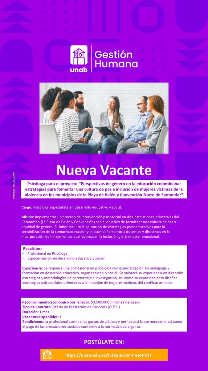 Convocatoria laboral: Se invita a profesionales calificados y motivados a unirse a nuestro equipo,  busca Psicólogo(a) especialista en desarrollo educativo y social.