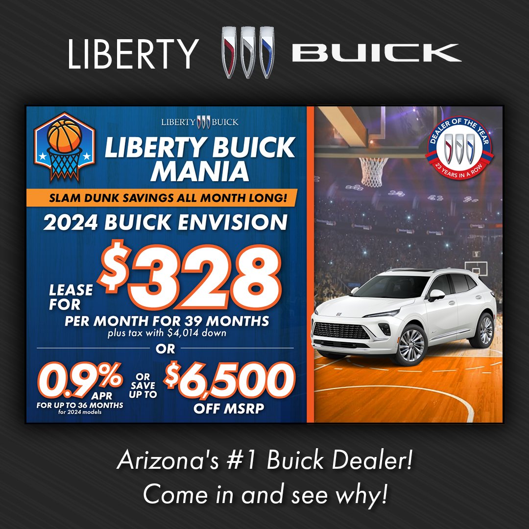 Need a winning ride? 🚙 Lease a 2024 Envision for $328/mo + tax for 39 months! Save up to $6,500! And grab 0.9% financing for 36 months on 2024 models. 💰👍 

Shop For Yours at 👉 p1.tt/40nGsLo

#HoopsSeason #BuickEnvision #VictoryLap #LeaseToday