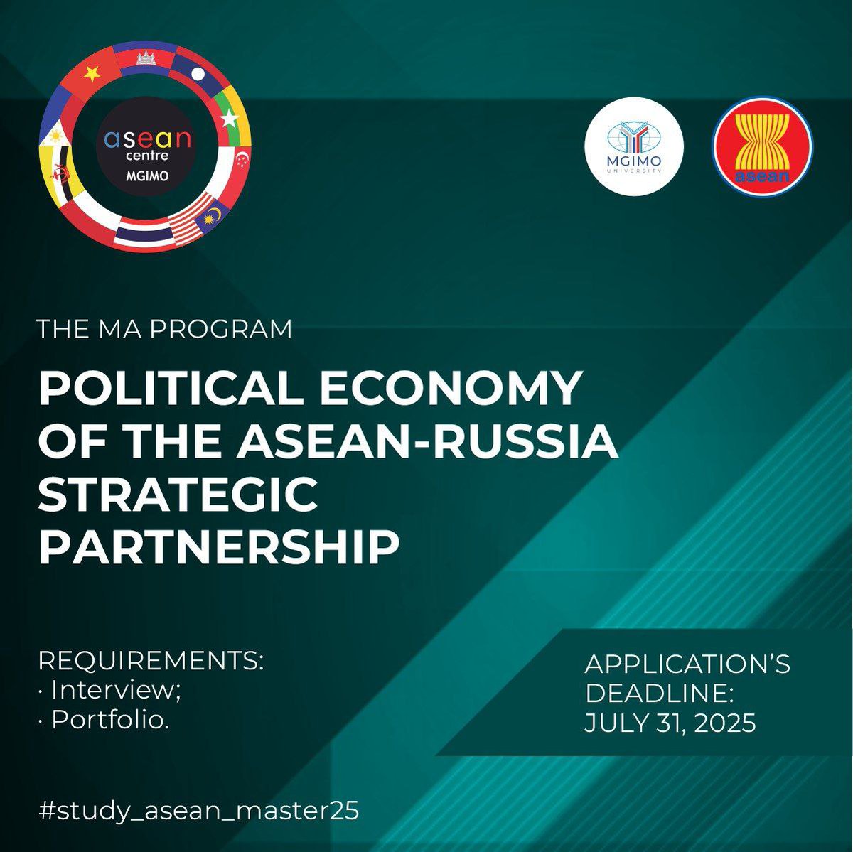 ASEANRussia's tweet image. Dear friends! The application campaign for the third enrollment of the Master Degree Programme "Political Economy of the #ASEAN-Russia Strategic Partnership" is open.
For further details check the information below 👇
🔗study-asean.mgimo.ru