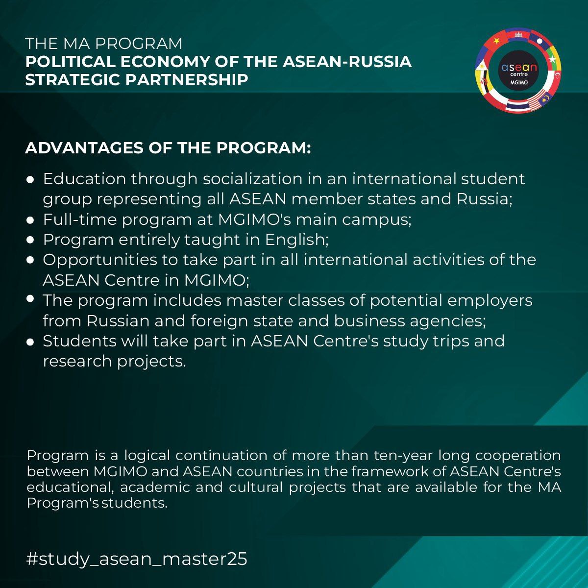 ASEANRussia's tweet image. Dear friends! The application campaign for the third enrollment of the Master Degree Programme "Political Economy of the #ASEAN-Russia Strategic Partnership" is open.
For further details check the information below 👇
🔗study-asean.mgimo.ru