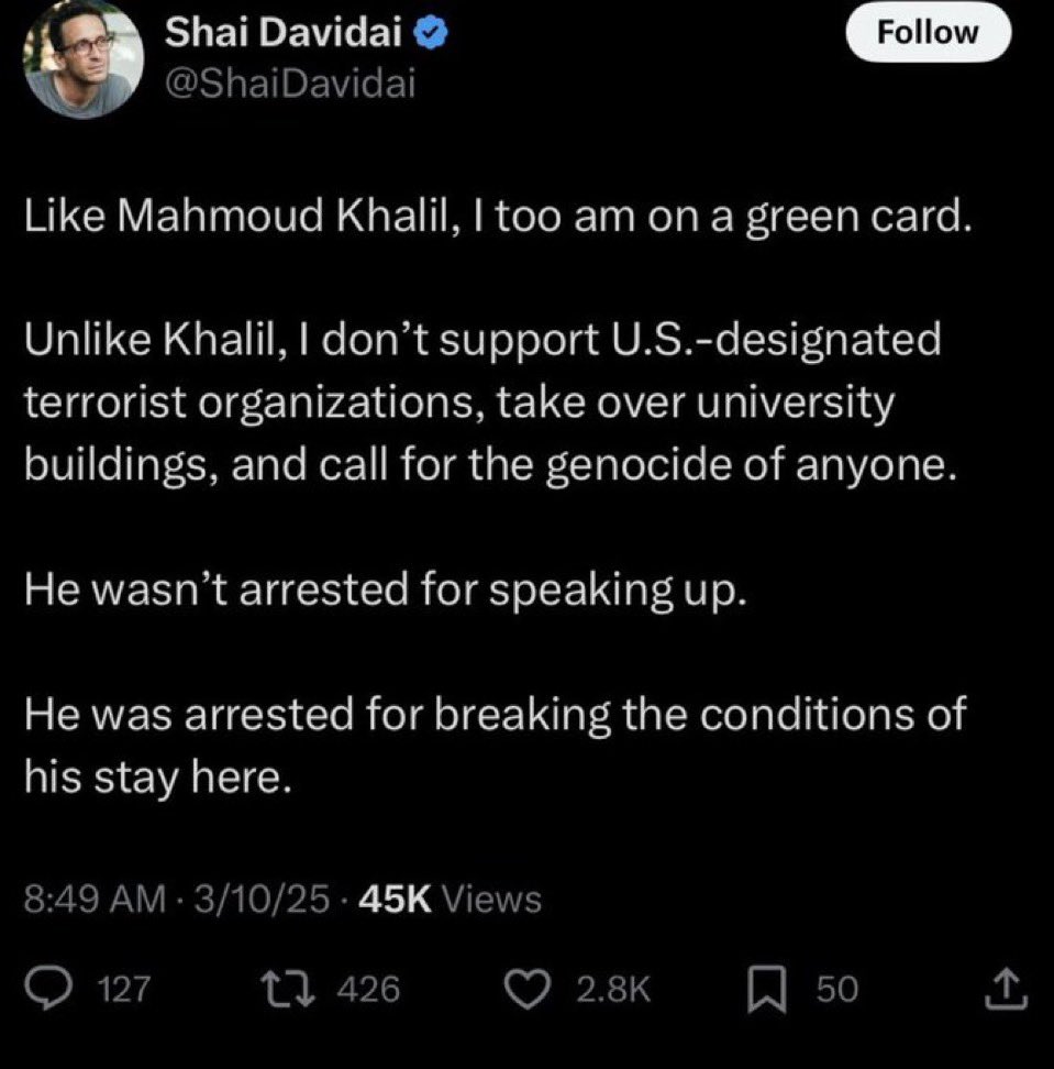 Shai Davidai cheerleads for genocide and serially harasses/doxxes his own students, especially young women, to the point that Columbia had to bar him from campus.

Shai has actually done what Mahmoud is baselessly accused of doing. But Shai is safe because he supports Israel.