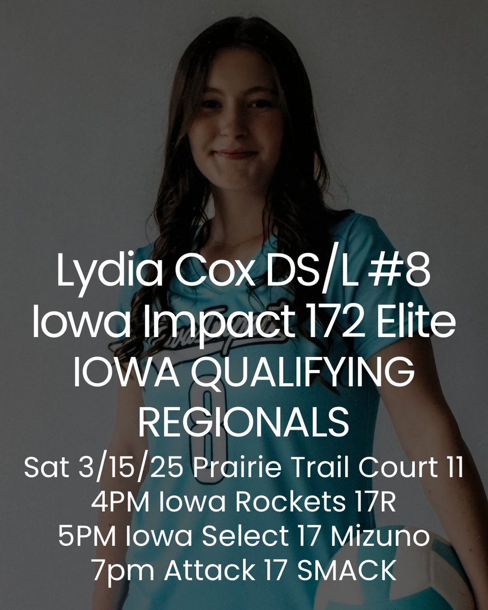 Lydia Cox (@lydiacox08) on Twitter photo 2026 Lydia Cox #8 <a href="/iowaimpactvbc/">Iowa Impact Volleyball Club</a> 172 Elite
Iowa Qualifying Regionals start today! Let’s go Impact!
Prairie Trail Sports Complex
Ankeny, IA
Court 11
4 PMvs Iowa Rockets 17R
5 PM Iowa Select 17 Mizuno
7 PM Attack 17 SMACK
#IowaImpact #clubvolleyball
#prepdigiowa 2026 Lydia Cox #8 <a href="/iowaimpactvbc/">Iowa Impact Volleyball Club</a> 172 Elite
Iowa Qualifying Regionals start today! Let’s go Impact!
Prairie Trail Sports Complex
Ankeny, IA
Court 11
4 PMvs Iowa Rockets 17R
5 PM Iowa Select 17 Mizuno
7 PM Attack 17 SMACK
#IowaImpact #clubvolleyball
#prepdigiowa