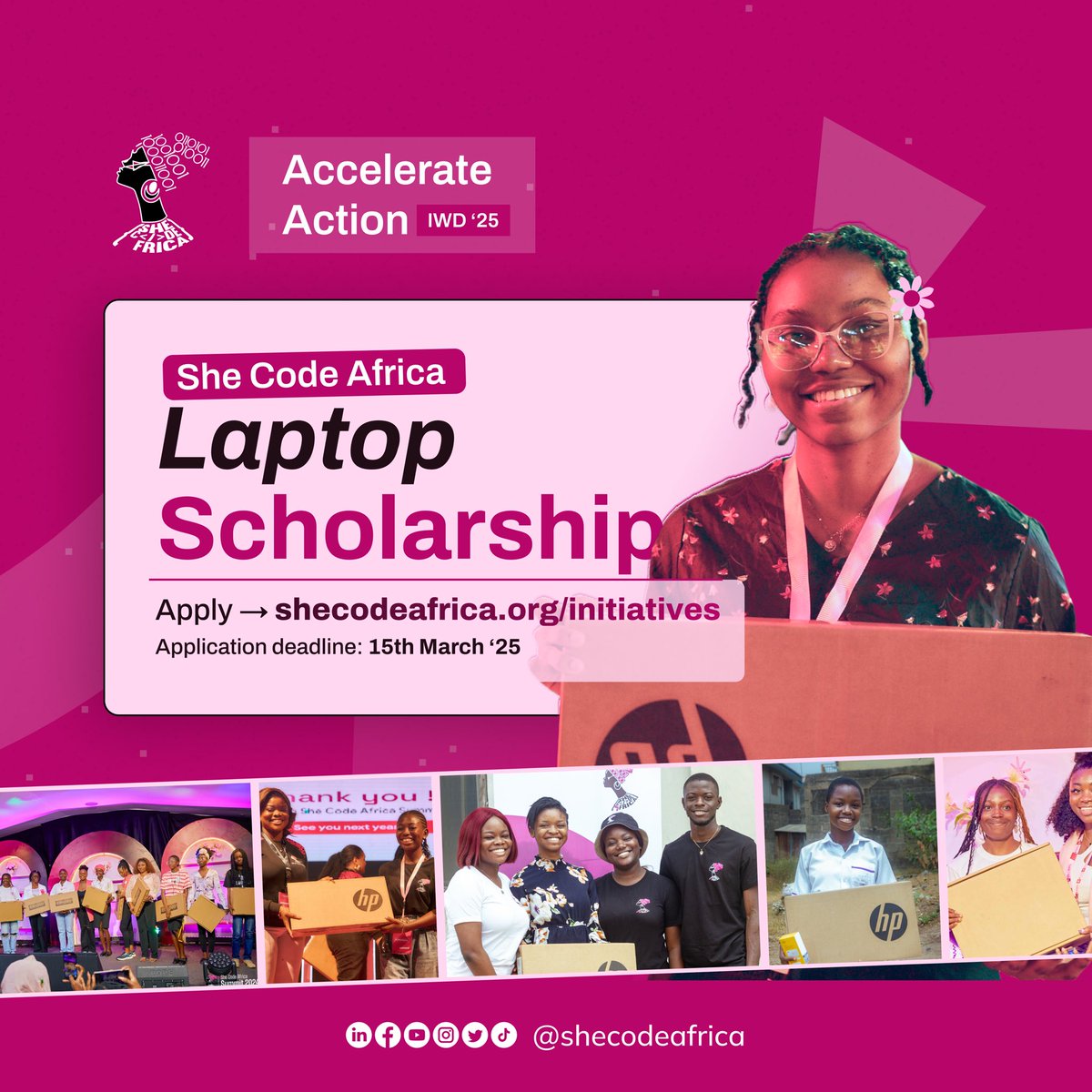 Final CALL to apply for the She Code Africa Laptop scholarship!

Once again, If you are or if you know a young lady or woman who needs this opportunity to accelerate their path in tech, share this with them now! 

Application link: shecodeafrica.org/initiatives 
Application Deadline: