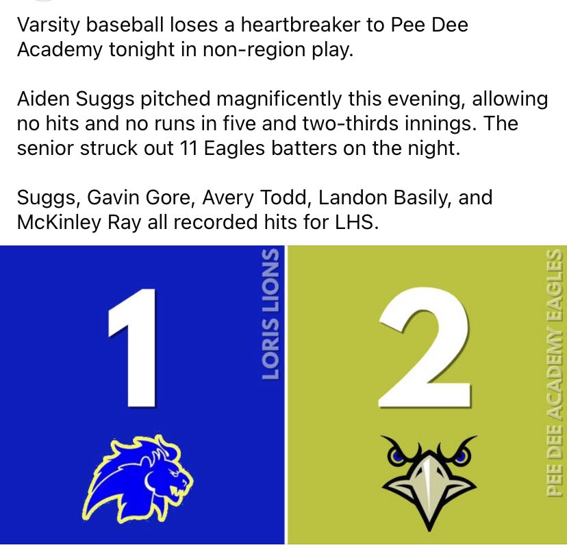 Tough loss last night.  Region play starts next week! Go Lions! 🦁⚾️
<a href="/aiden_suggs/">Aiden Suggs</a>