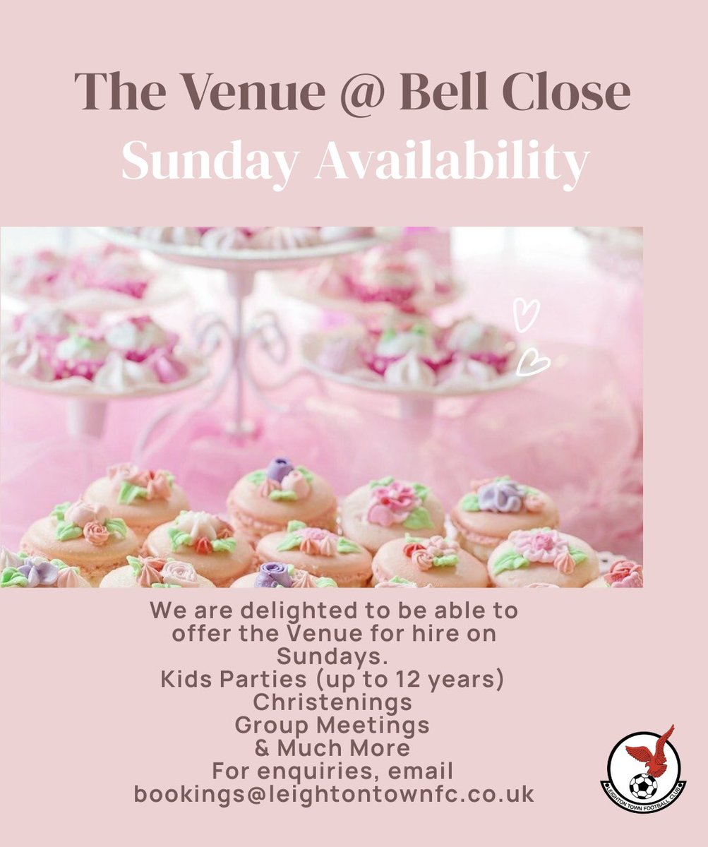 🎉 Exciting News! 🎉
We are thrilled to announce that our Venue is now available for hire on Sundays! 
✨ Let us help make your special occasions unforgettable!
📧 For enquiries and bookings, email us at bookings@leightontownfc.co.uk
We can’t wait to host your next event! 🥳