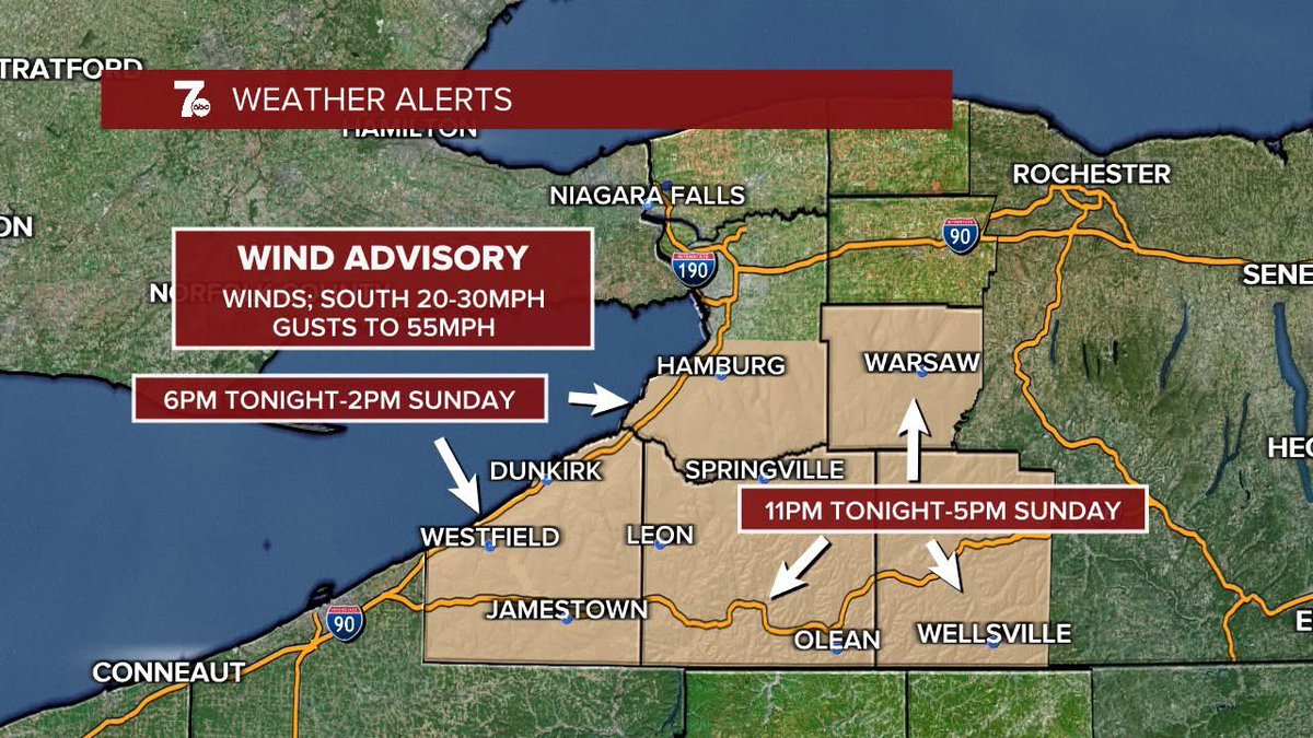 Mary Beth Wrobel (@marybethwrobel) on Twitter photo Wind ADVISORY posted for parts of WNY this evening through Sunday especially along the Lake Erie shoreline and along hilltops of the Southern tier and portions of the Genesee Valley. South winds may gust to 55mph. Be sure to secure loose outdoor objects. <a href="/wkbw/">7 News WKBW</a> Wind ADVISORY posted for parts of WNY this evening through Sunday especially along the Lake Erie shoreline and along hilltops of the Southern tier and portions of the Genesee Valley. South winds may gust to 55mph. Be sure to secure loose outdoor objects. <a href="/wkbw/">7 News WKBW</a>