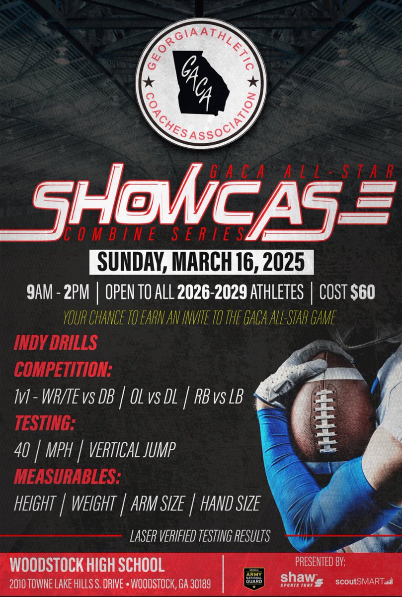 Cameron Jackson C/O 2026 (@_camjackson_) on Twitter photo I will be attending the GACA ALL-STAR showcase combine tomorrow March 16
Very excited to show my talentโผ๏ธ<a href="/StatesboroFB/">Statesboro Football</a> <a href="/RecruitGeorgia/">Recruit Georgia</a> <a href="/FCRecruits/">First Choice Recruiting</a> <a href="/coachjlord/">jacob lord</a> <a href="/GACACoaches/">Georgia Athletic Coaches Association</a> <a href="/One11Recruiting/">One11 Recruiting</a> I will be attending the GACA ALL-STAR showcase combine tomorrow March 16
Very excited to show my talentโผ๏ธ<a href="/StatesboroFB/">Statesboro Football</a> <a href="/RecruitGeorgia/">Recruit Georgia</a> <a href="/FCRecruits/">First Choice Recruiting</a> <a href="/coachjlord/">jacob lord</a> <a href="/GACACoaches/">Georgia Athletic Coaches Association</a> <a href="/One11Recruiting/">One11 Recruiting</a>