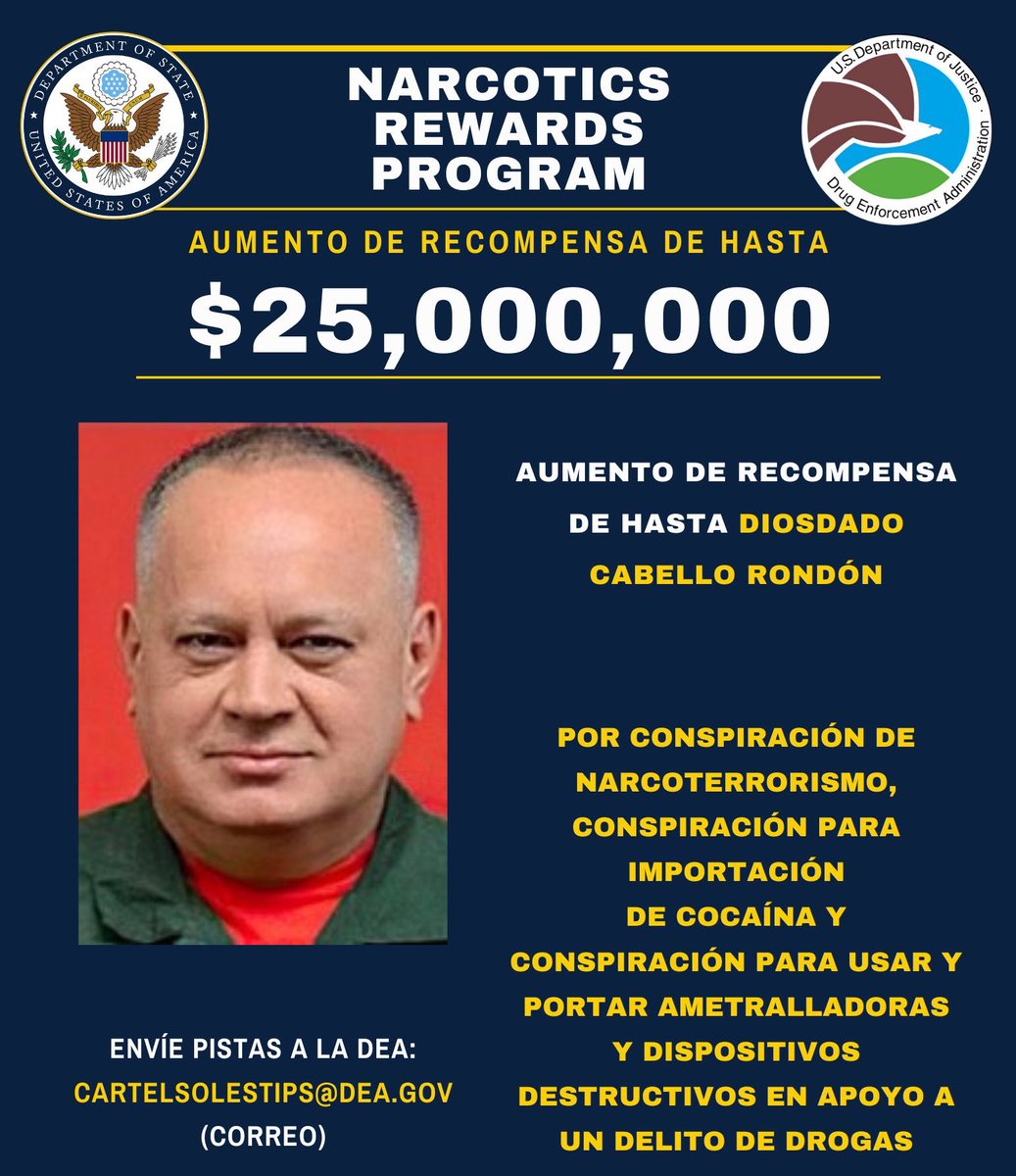JohanLozada26's tweet photo. Diosdado Cabello tiene un precio de 25 millones de dólares porque es narcotraficante y sale informando que incautaron 5.400 kilos de drogas en el estado Zulia.

¿Cómo se llama la obra? https://t.co/D6neJANFQT