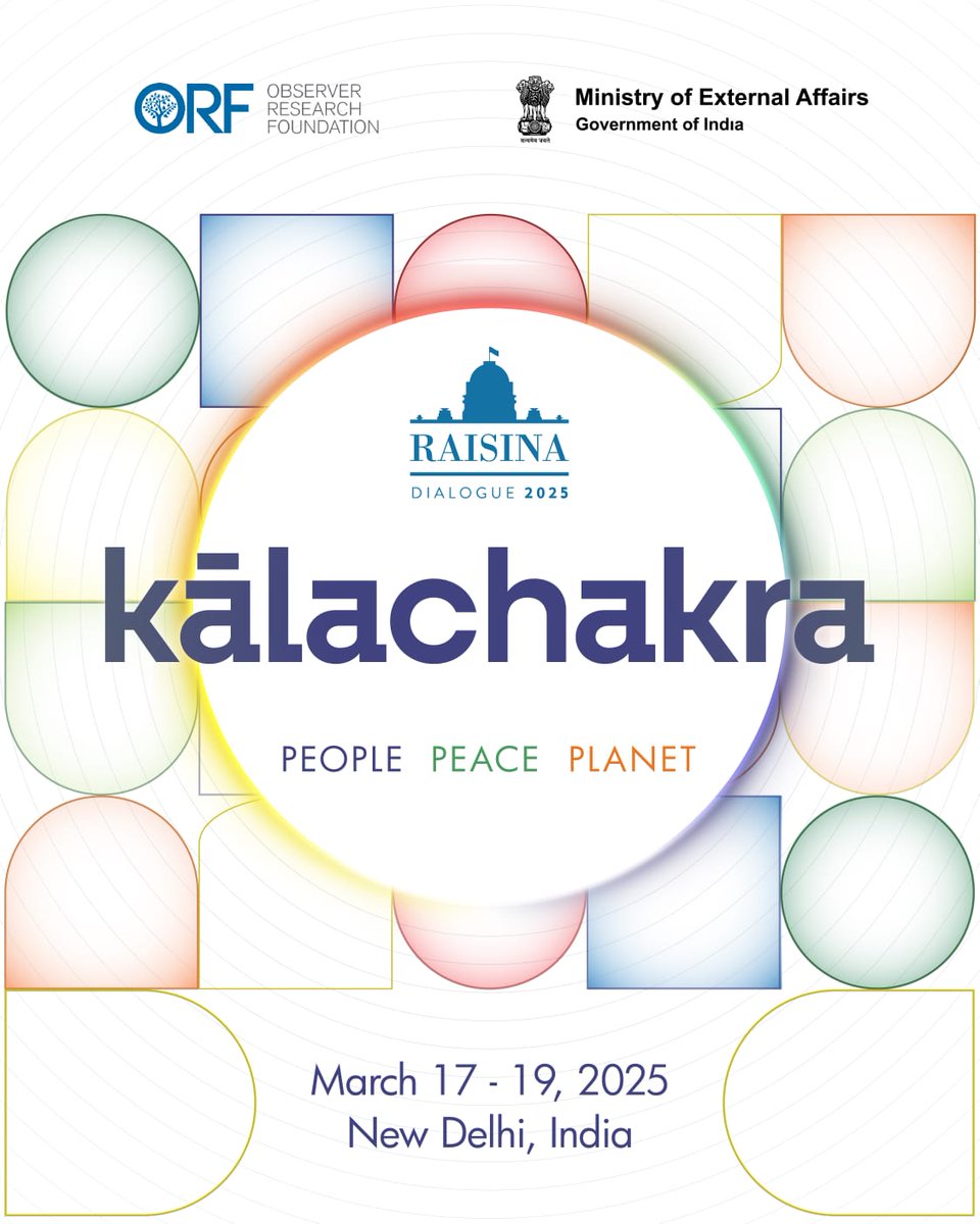 .<a href="/orfonline/">ORF</a>, in partnership with <a href="/MEAIndia/">Randhir Jaiswal</a>, is delighted to host the 10th edition of #RaisinaDialogue

This year's theme is Kālachakra: People. Peace. Planet

🗓17-19 March 2025 |📍New Delhi

Follow this thread to know more about the panels!

Know more: or-f.org/31168