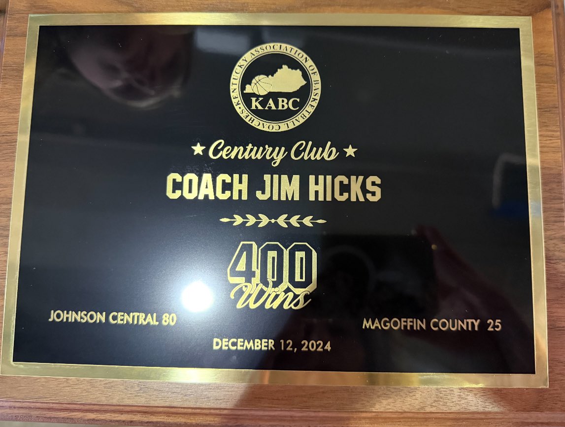 Congrats to Johnson Cent Girls Coach Jim Hicks. He was Honored Friday at the Girls Sw16 by the Ky Assoc of Basketball Coaches (KABC Century Club) on his 400th Coaching Win (Dec 12, 24 vs Mag Co). Accepting on his behalf were Sr’s Haylee “Lefty” Marsillett and Adyson Burchett.