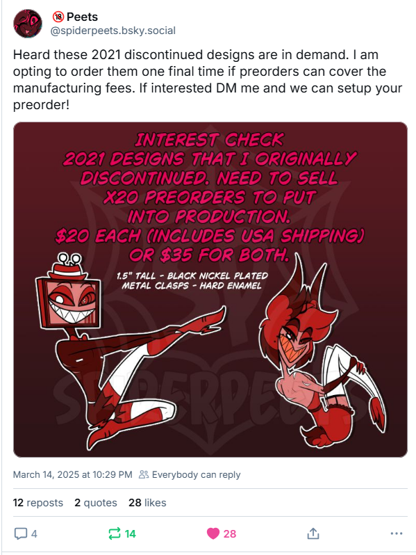 bambixthebeast's tweet photo. SpiderPeets over on the bsky platform would like to reprint these two sweet babies based on demand!!
They need at least orders of at least 20 for each design to make them reality.
PLEASE!! GO GET THEM.
They are my grails.
#hellishmerch #Vox #alastor #radiostatic #hazbinhotel https://t.co/8ahoGSxWo9