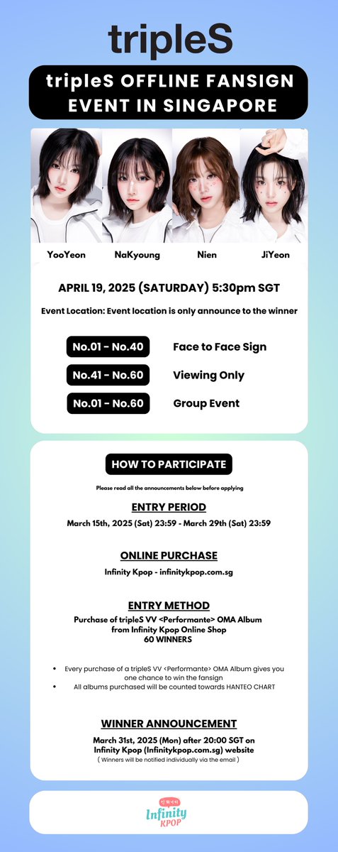 InfinityKpopSG's tweet photo. tripleS OFFLINE FANSIGN EVENT IN SINGAPORE 
(Private event)

For details of entry, please refer to our website: https://t.co/uw6Ku9P17X

#tripleS #Singapore #fansign #YooYeon #naKyoung #Nien #JiYeon #objekt https://t.co/eP3S2bVqwS