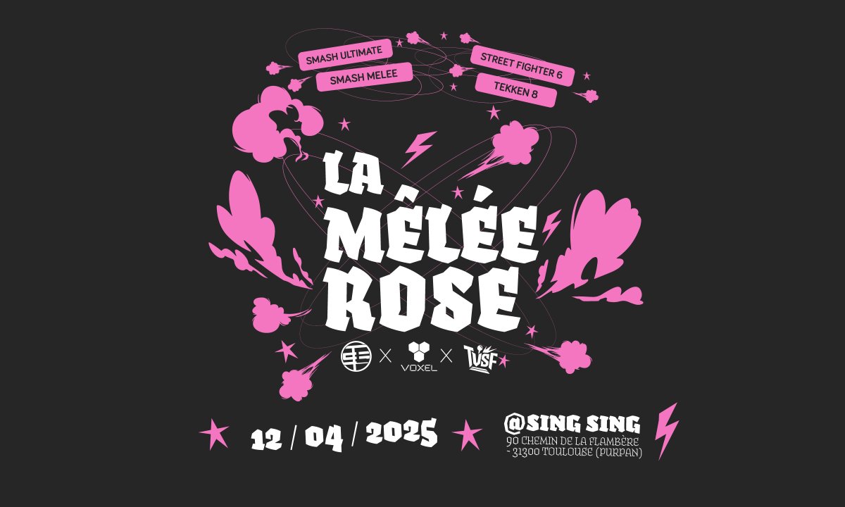 Jetez vous dans la cohue pour la première édition de La Mêlée Rose!

En partenariat avec @Voxel_fr et <a href="/TLS_LastStock/">Toulouse Last Stock</a>, nous vous proposons deux tournois le 12 Avril! Street Fighter 6 &amp; Tekken 8! (Ainsi que SSBU et SSBM pour TLS!)

Pour vous inscrire, c'est juste en dessous!