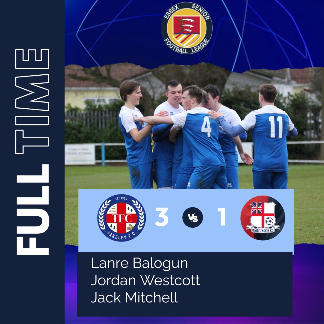 Takeley_FC (@takeley_fc) on Twitter photo Full Time Takeley 3-1 <a href="/EnsignOfficial/">White Ensign FC</a> <a href="/EssexSenior/">Essex Senior League</a> Full Time Takeley 3-1 <a href="/EnsignOfficial/">White Ensign FC</a> <a href="/EssexSenior/">Essex Senior League</a>