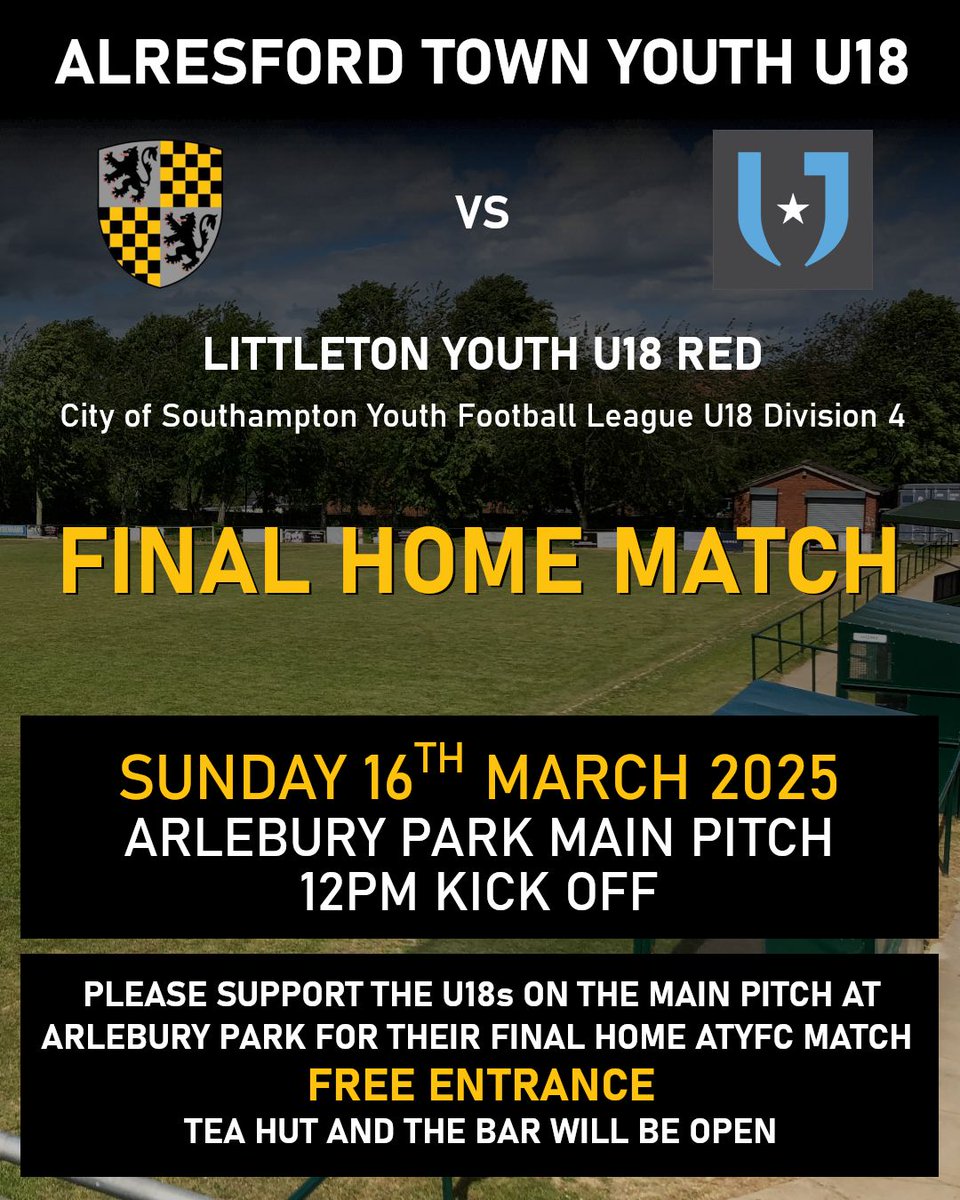 Just a reminder that the ATYFC U18s final home match is tomorrow at Arlebury Park. Come on down for 12pm kick off to support the boys. Also, if they win, they win the league!