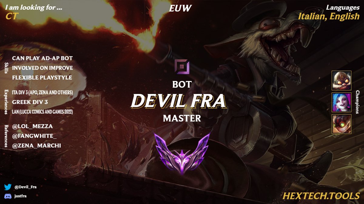 Devil_Fra's tweet image. LFT Adc -peak 250lp-

References:
@LOL_Mezza 
@fangwhite_ 
@ZENA_Marchi

❤️&amp;amp;🔁 are appreciated!

@LFTDiscord @LoL_LFT @lft_prime @LFT_EBL @LFT_LoL_EU @LFT_Original @LFT_Mena @LoL_LFT_Fr