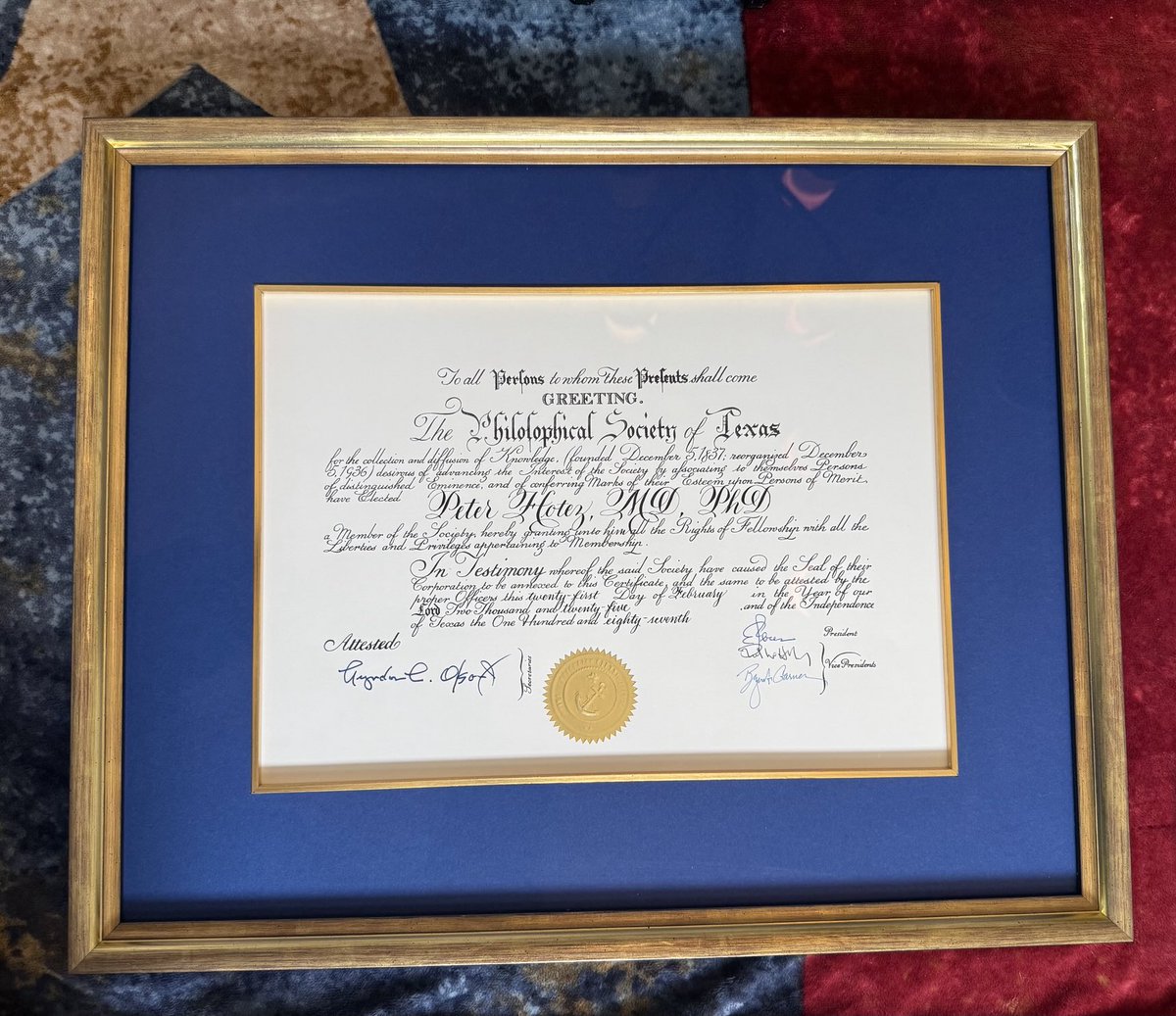 PeterHotez's tweet image. An honor for me to be inducted into the Philosophical Society of Texas, the oldest learned society in the Republic of Texas, founded in 1837 by Sam Houston, Anson Jones, Mirabeau Lamar, full list attached