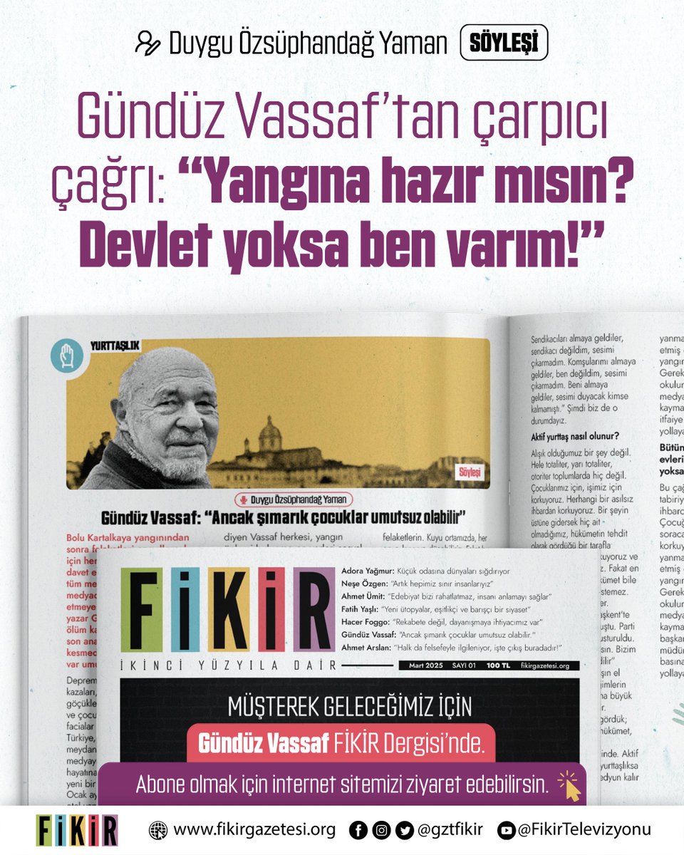 🎙️ "Yaşıyorsam, yarını görmek istiyorum. Onun için de umutlu olmaya mecburum. Bizim ne hakkımız var umutsuz olmaya? Ancak şımarık çocuklar umutsuz olabilir."

Yazar ve psikolog Gündüz Vassaf ile yaptığımız söyleşinin tamamı Mart sayımızda... 👀

fikirgazetesi.org/2025/03/15/gun…
