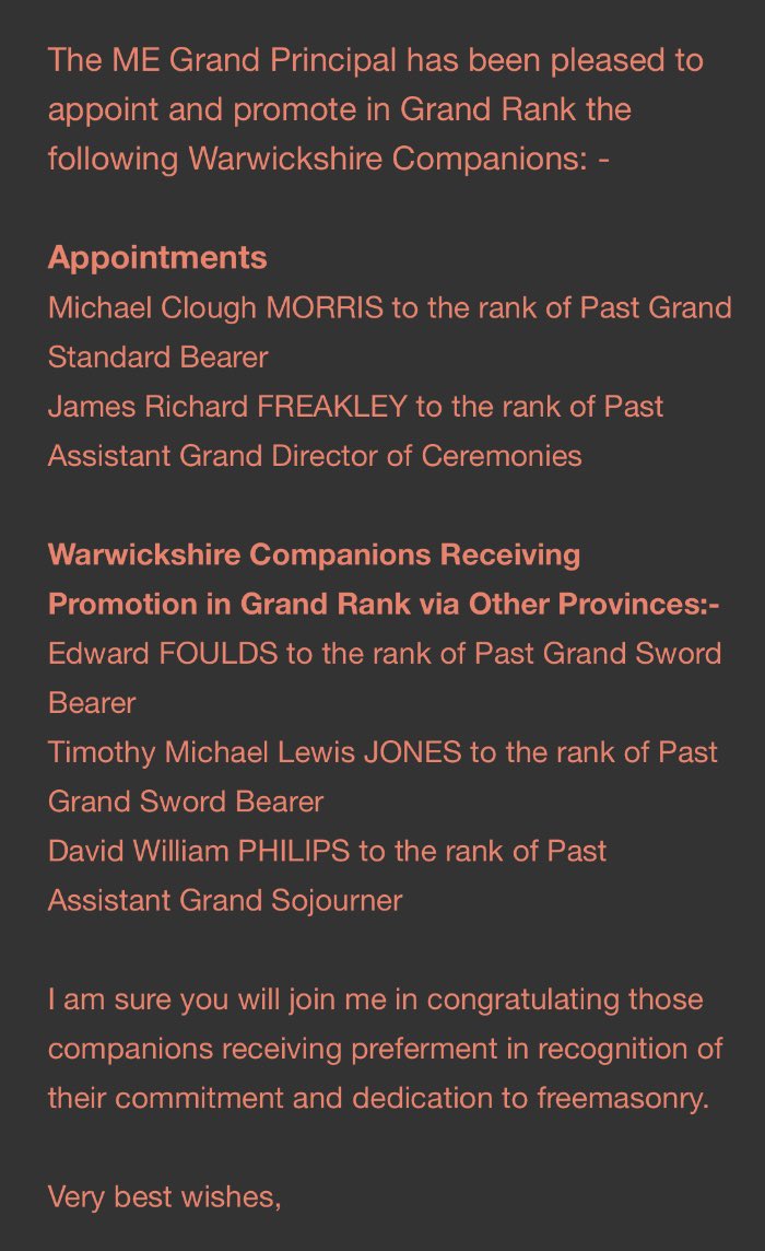 Warwickshire Freemasons (@warksfreemasons) on Twitter photo The Head of Warwickshire Freemasons, the RWPGM & MEGS <a href="/philhall43/">Phil Hall</a>, is pleased to announce the following Grand Rank Appointments in Craft <a href="/UGLE_GrandLodge/">United Grand Lodge of England</a> & Chapter <a href="/GrandChapter/">Supreme Grand Chapter</a> ๐๐ฆ๐๐๐โค๏ธ๐๐บ Congratulations, Brethren & Companions!! ๐ฅณ #freemasonry #Warwickshire The Head of Warwickshire Freemasons, the RWPGM & MEGS <a href="/philhall43/">Phil Hall</a>, is pleased to announce the following Grand Rank Appointments in Craft <a href="/UGLE_GrandLodge/">United Grand Lodge of England</a> & Chapter <a href="/GrandChapter/">Supreme Grand Chapter</a> ๐๐ฆ๐๐๐โค๏ธ๐๐บ Congratulations, Brethren & Companions!! ๐ฅณ #freemasonry #Warwickshire