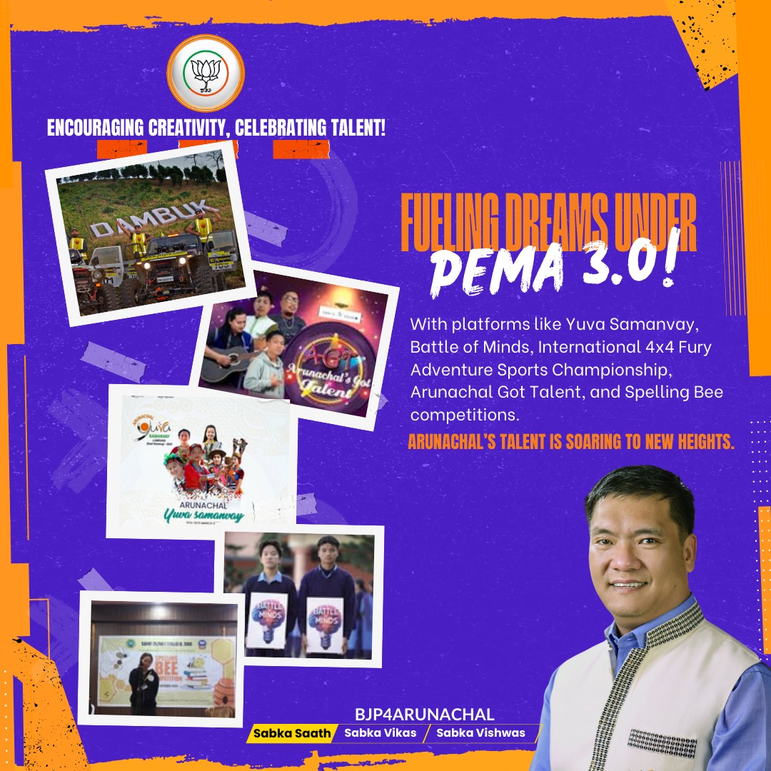 BJP4Arunachal's tweet image. Fueling Dreams!

Thanks to Pema 3.0, platforms like Yuva Samanvay, Battle of Minds, International 4x4 Fury Adventure Sports Championship, Arunachal Got Talent, and Spelling Bee Competitions are taking Arunachal’s talent &amp;amp; creativity to new frontiers.

#YouthPlatform