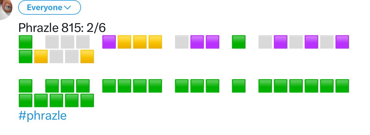 Hello <a href="/albolt76/">Jacko</a>

Phrazle 816: 2/6
🟩🟩🟩    🟩🟩🟩🟩🟩    🟩🟩    ⬜⬜    ⬜⬜⬜⬜🟨🟨

🟩🟩🟩    🟩🟩🟩🟩🟩    🟩🟩    🟩🟩    🟩🟩🟩🟩🟩🟩
#phrazle