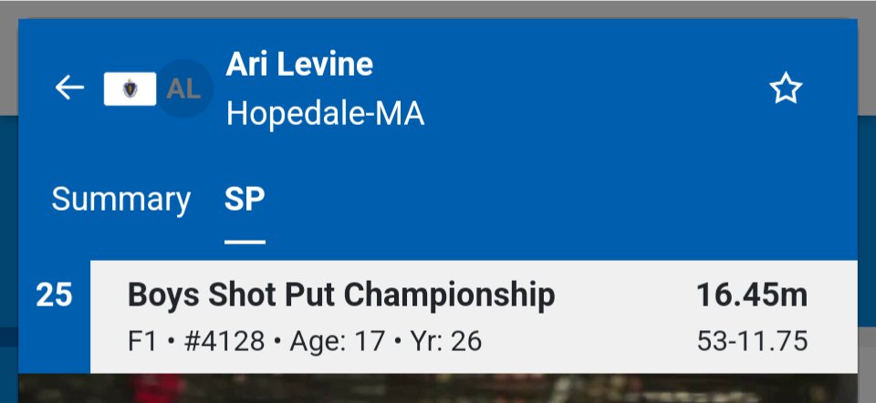 Congrats to Ari Levine: 4th non-Senior finisher at Nike Nationals Shot put!  Off his PR, but  strong finish to his Indoor season!  Ari was DVC league and D5 State Champion, 3rd All-States, 8th New Englands
<a href="/HopedaleSports/">Hopedale Athletics</a> <a href="/Kosullivanhjshs/">Kathryn O’Sullivan</a> <a href="/DruganJoseph/">Joseph Drugan</a> <a href="/tgsports/">Worcester T&G Sports</a> <a href="/MetroWestSports/">Daily News Sports</a>