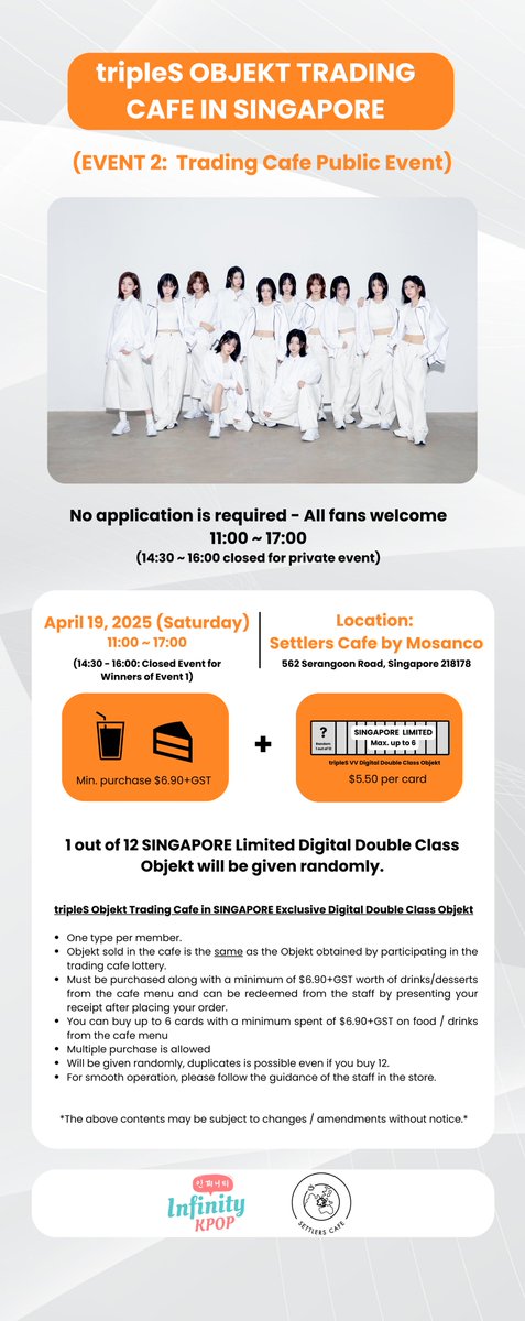 tripleS OBJEKT TRADING CAFE [PUBLIC EVENT]
19th April 2025
SINGAPORE LIMITED Digital Double Class OBJEKT at S$5.50 each
(T&amp;C apply)

Location : Settlers Cafe By Mosanco 

Please refer to our website for more information 

#tripleS #cafeevent #singapore #objekt #YooYeon #Nakyoung