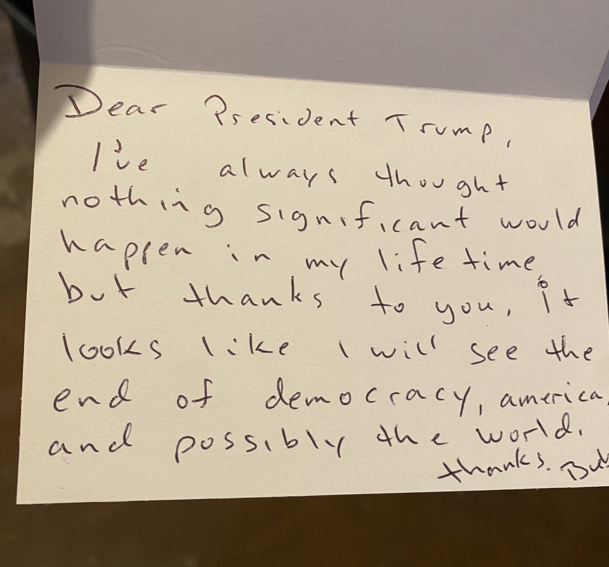 equus_fella's tweet photo. #theidesoftrump
We wrote our cards to the White House, just caught the mail lady
Did you write your card or pink slip?
President of the United States
The White House
1600 Pennsylvania Ave. NW
Washington DC 20500 https://t.co/NrCaGY9dRi
