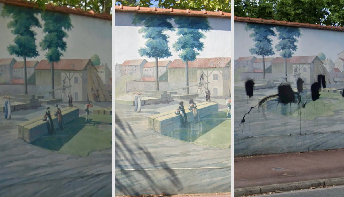 DamienRieu's tweet photo. 🔴⚠️ À Vénissieux (69), les islamistes ont recouverts toutes les représentations vivantes de la fresque du demi-millénaire, conformément à l’exigence coranique. 

Mesurant 600m de long sur 300m2, elle fait partie de la tradition des murs peints et trompe l’œil lyonnais. Elle commémore les 500 ans de la naissance de Jean-de-Dieu, fondateur d’un ordre hospitalier dont un établissement se trouve derrière le mur.