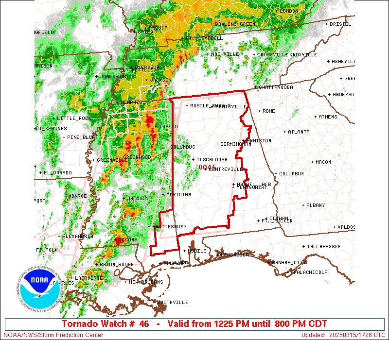 12:27pm CDT #SPC_Watch WW 46 TORNADO AL MS 151725Z - 160100Z, #PDS_Watch #alwx #mswx, spc.noaa.gov/products/watch…