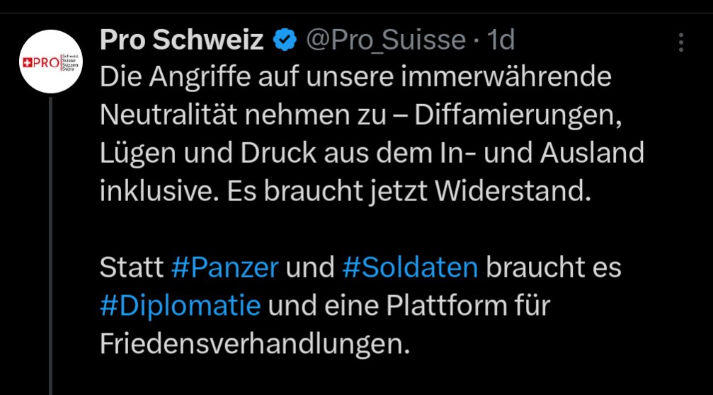 Die #Putinfreunde von <a href="/Pro_Suisse/">Pro Schweiz</a> wollen die #Verteidigungsfähigkeit der Schweiz massiv schwächen. Eigentlich sind sie nur #Putinfreunde und gegen die wehrhafte Neutralität. 
Das sind keine #Patrioten, es sind Kollaborateure.