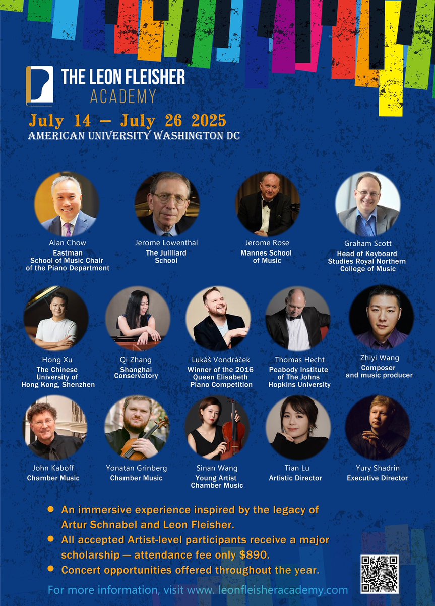 Exciting news! The 2025 Summer Edition of the Leon Fleisher Academy is here! – An immersive experience inspired by the legacy of Artur Schnabel and Leon Fleisher.
– All accepted Artist-level participants receive a major scholarship — attendance fee only $890.
– Concert
