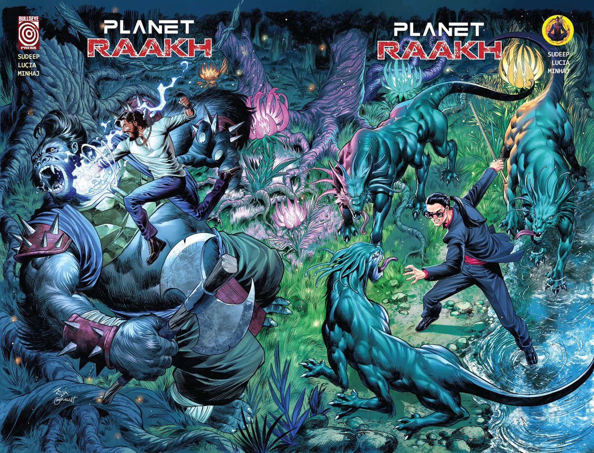 Tadammeh's tweet image. Connecting covers I drew recently for Bullseye Press & Swayambhu Comics for their crossover comic Planet Raakh