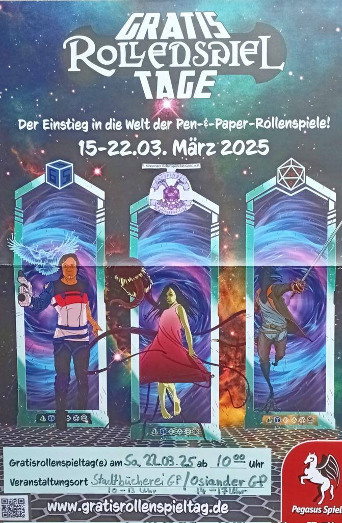 GoeRC_'s tweet photo. GRATIS ROLLENSPIELTAG mit dem
1. Göppinger Rollenspielclub GöRC e.V. :
Samstag, 22.03.2025,
Stadtbücherei Göppingen 10 - 13 Uhr,
Osiander Göppingen 14 - 17 Uhr
#Göppingen #Rollenspiel #Rollenspielclub #GöRC #GRT #GratisRollenspieltag #Osiander #Stadtbücherei https://t.co/ieFEBniDfK