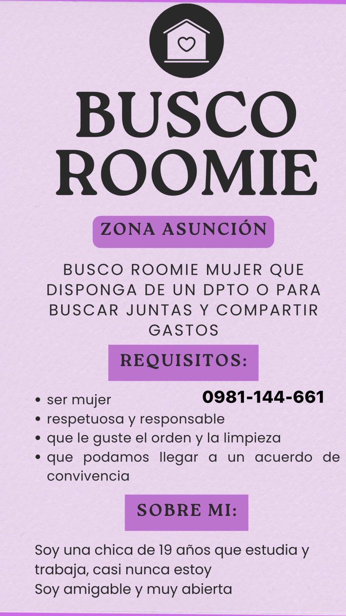 roomiesparaguay's tweet photo. Búsquedas activas a través de Roomies Paraguay.🔍

Favor comunicarse con los números de contacto que se muestran en los anuncios. 🙌🏻 https://t.co/l2sOLdRv55